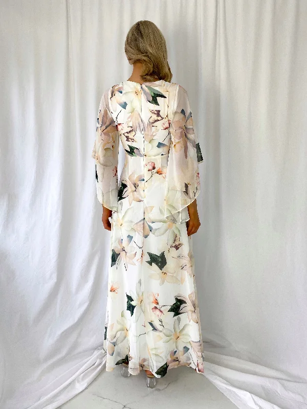 Natalia  Maxi Floral Dress with Bell Sleeves - White