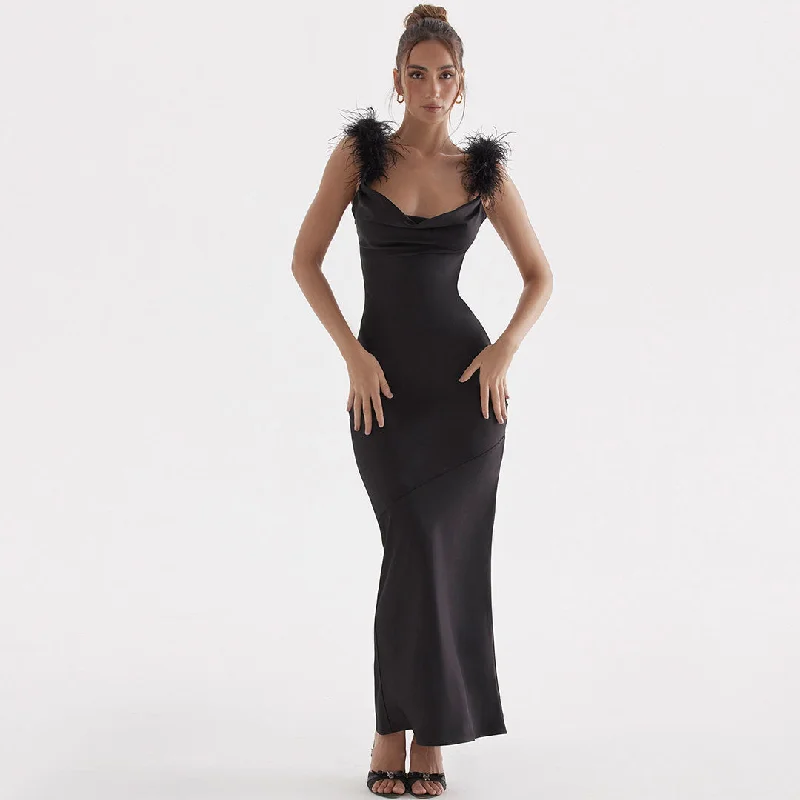 Trim Cowl Neck Sleeveless Gown Maxi Dress - Black