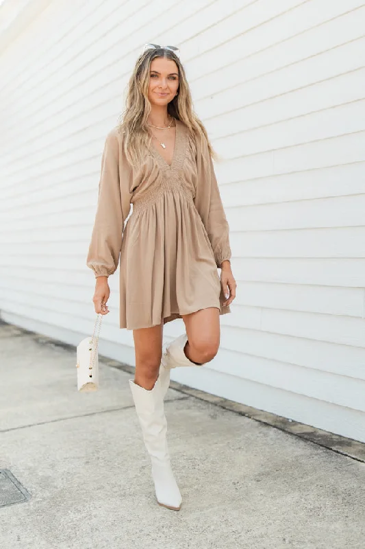 My Only Choice Taupe Deep V Babydoll Mini Dress