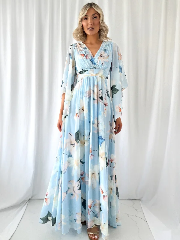 Natalia Maxi Floral Dress with Bell Sleeves - Light Blue