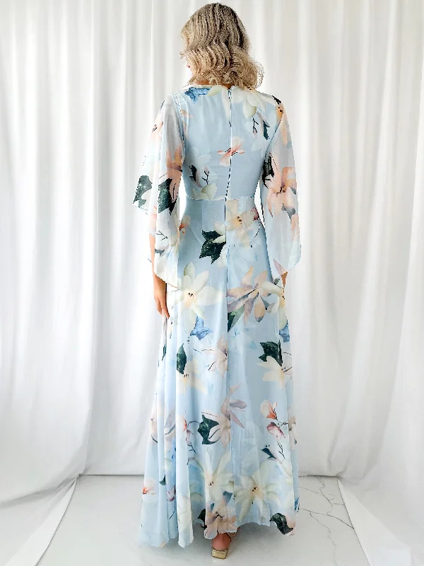 Natalia Maxi Floral Dress with Bell Sleeves - Light Blue