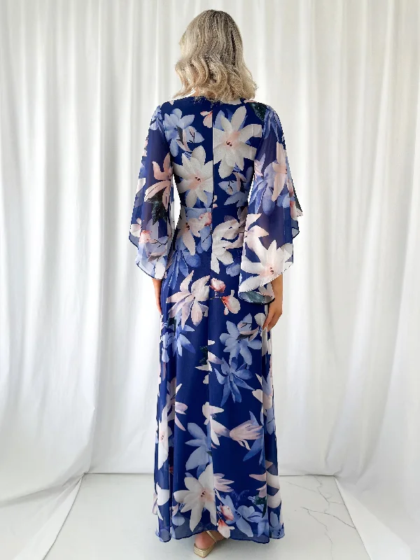 Natalia Maxi Floral Dress with Bell Sleeves - Navy