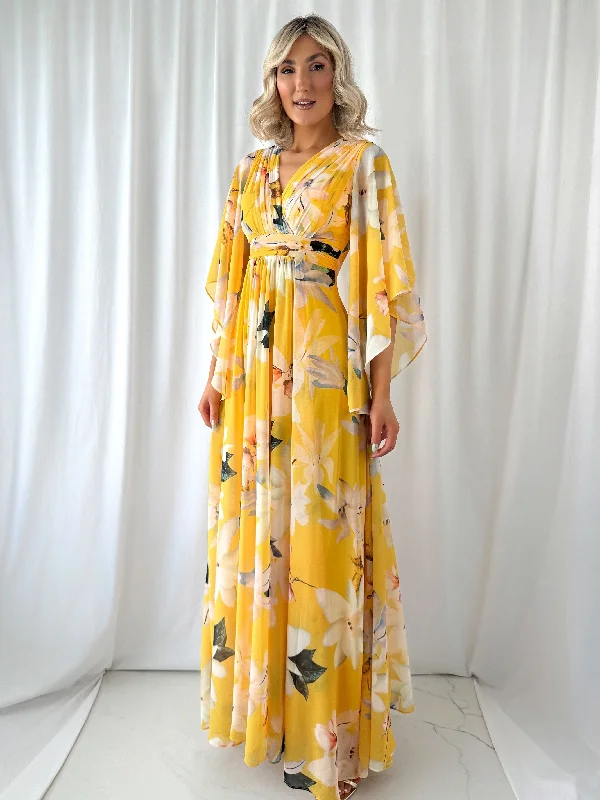 Natalia Maxi Floral Dress with Bell Sleeves - Yellow