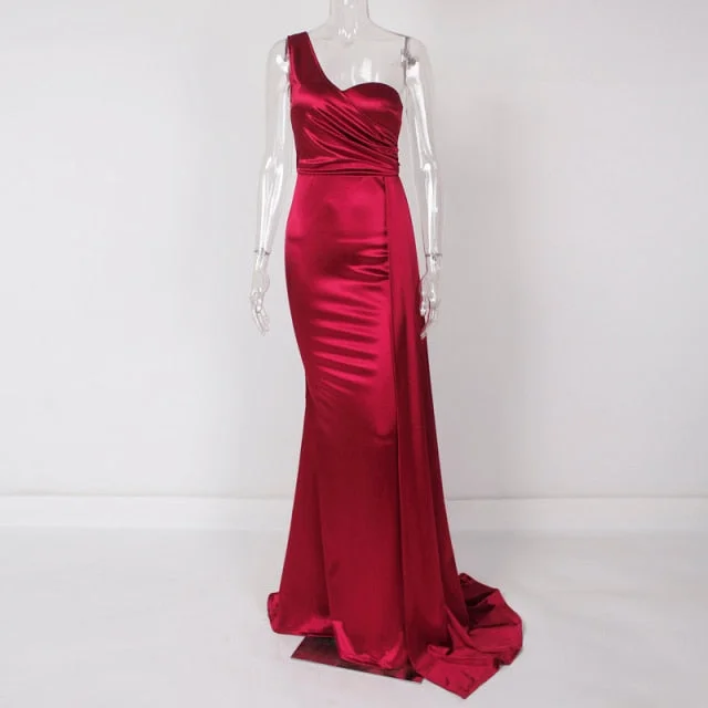 Burgundy Satin Maxi Dress .