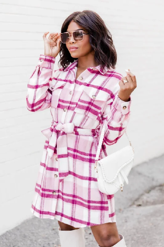 Believe In My Heart Pink Plaid Belted Button Up Mini Dress FINAL SALE