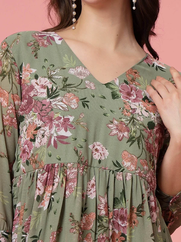 Olive Green Floral Printed V-neck Gathered Tiered Fit  Flare Mini Dress