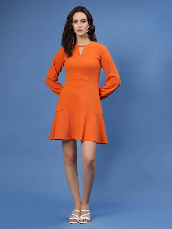 Orange Puff Sleeve Cut-Outs Detail Flounce Hem A-Line Mini Dress