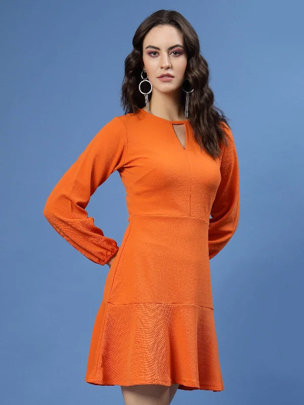 Orange Puff Sleeve Cut-Outs Detail Flounce Hem A-Line Mini Dress