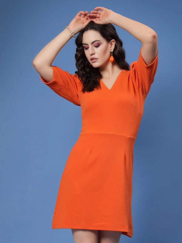 Orange V-Neck Puff Sleeves A-Line Mini Dress