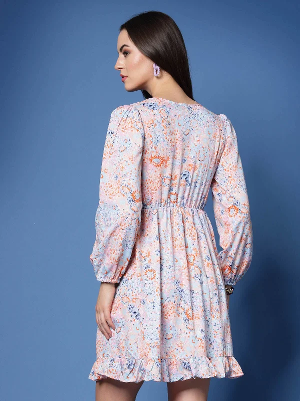 Pink Floral Printed Tie-Up Neck Puff Sleeve Fit  Flare Mini Dress