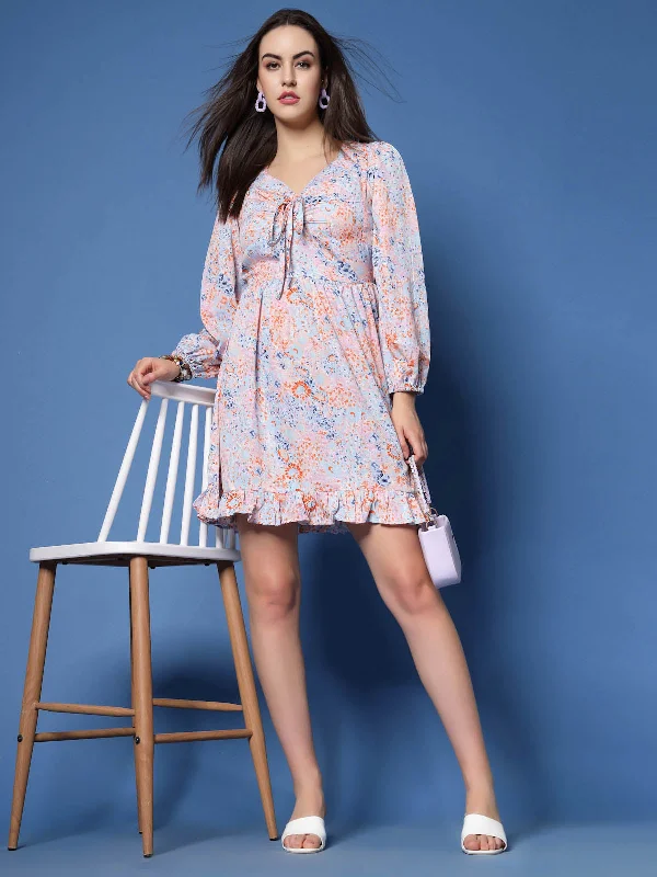 Pink Floral Printed Tie-Up Neck Puff Sleeve Fit  Flare Mini Dress