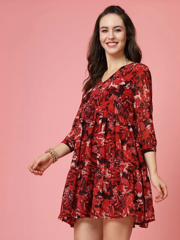 Red  Black Floral Printed V-Neck Gathered Fit  Flare Mini Dress