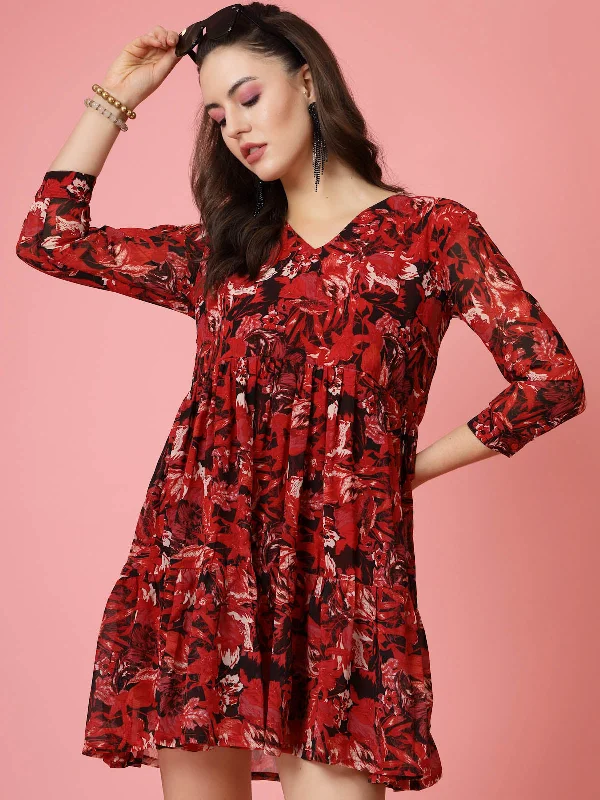 Red  Black Floral Printed V-Neck Gathered Fit  Flare Mini Dress