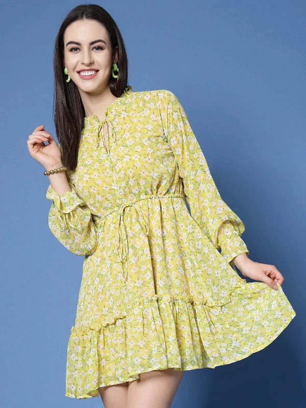 Yellow Floral Printed Tie-Up Neck Gathered Detailed Fit  Flare Mini Dress