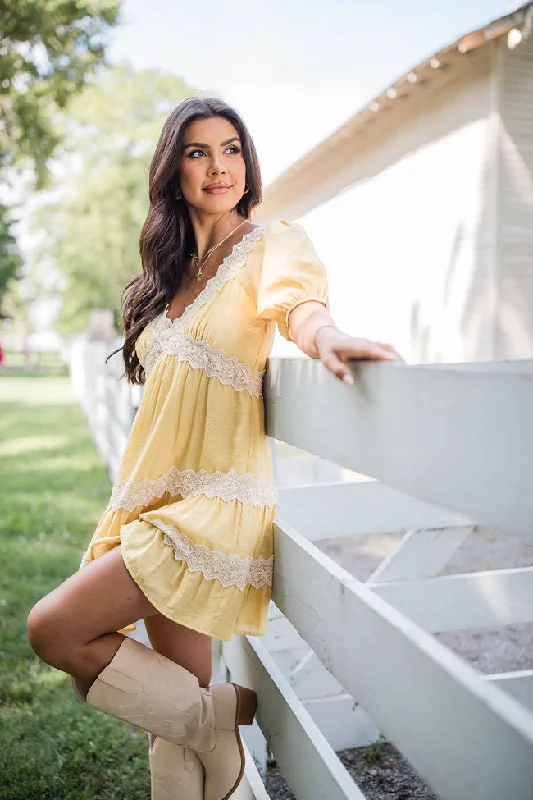 Savor This Feeling Mustard Lace Trim Mini Dress