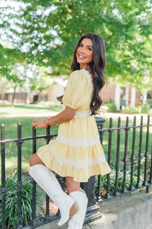 Savor This Feeling Mustard Lace Trim Mini Dress