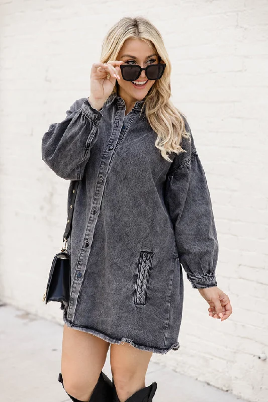 Start Looking Charcoal Chambray Long Sleeve Mini Dress