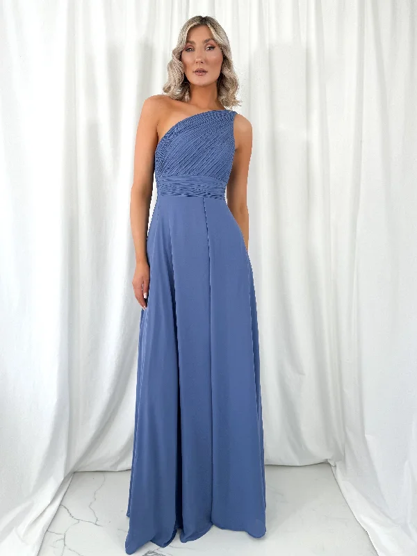 Tracy One Shoulder Draped Top Maxi Dress - Dusty Blue