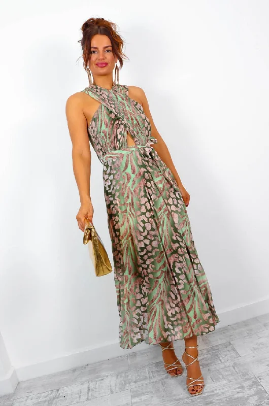 Artemis - Olive Animal Print Pleated Midi Dress