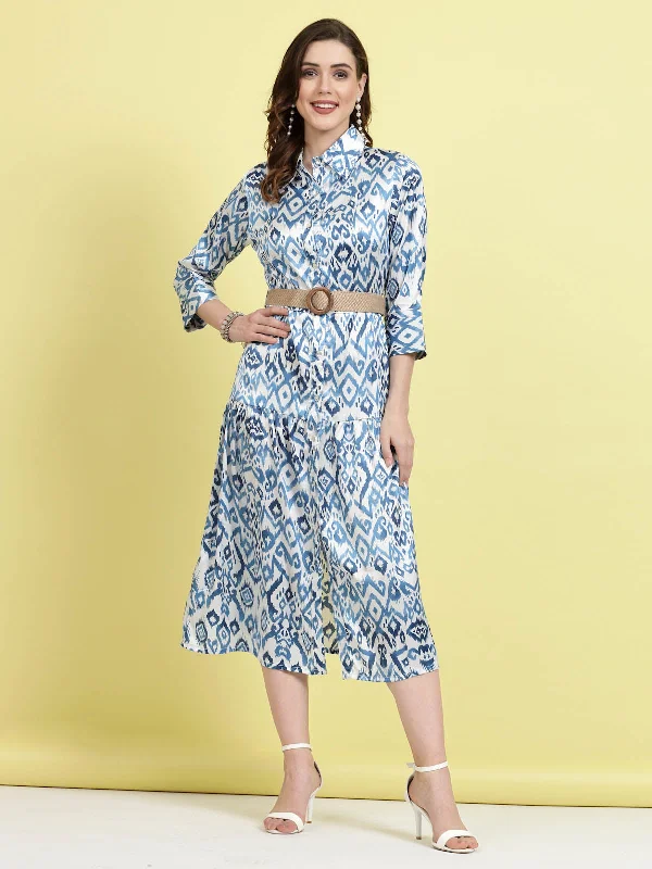 Blue Ethnic Motifs Printed Shirt Midi Dress