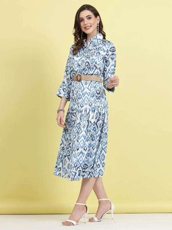 Blue Ethnic Motifs Printed Shirt Midi Dress