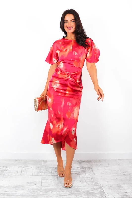 Date Night Dream - Pink Orange Printed Midi Dress