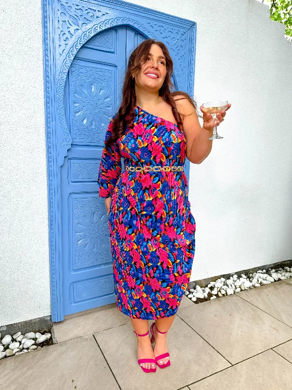 Dont Call Me - Pink Blue Floral Plisse One Shoulder Midi Dress