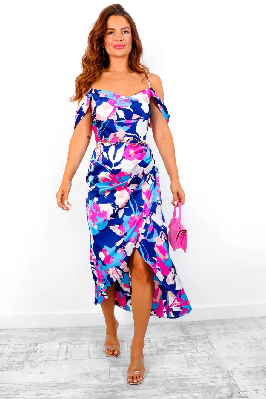 Epitome Of Elegance - Blue Pink Floral Midi Dress