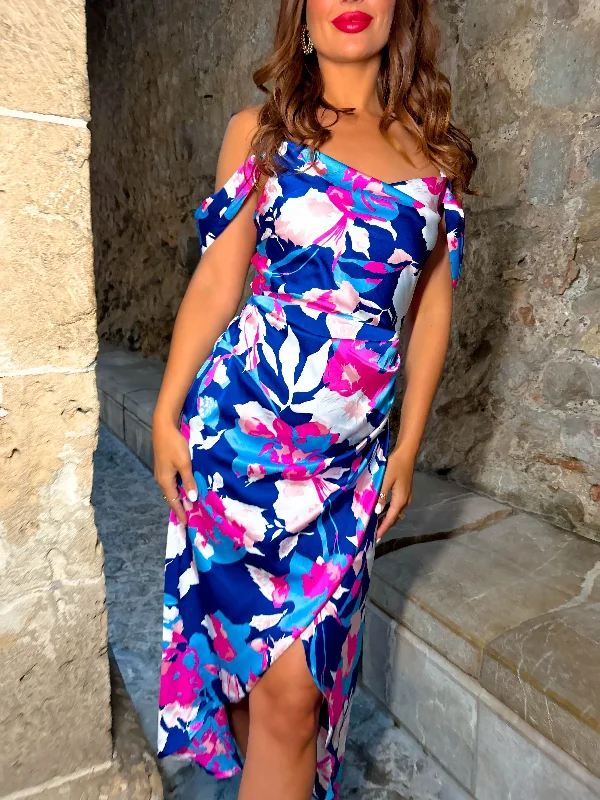 Epitome Of Elegance - Blue Pink Floral Midi Dress