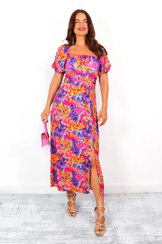 Floral For You - Pink Orange Floral Milkmaid Midi Dress