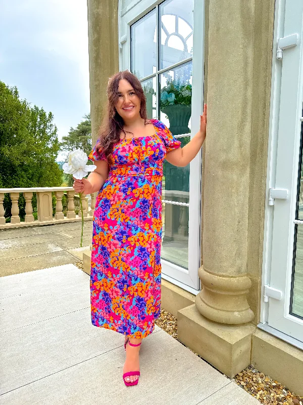 Floral For You - Pink Orange Floral Milkmaid Midi Dress