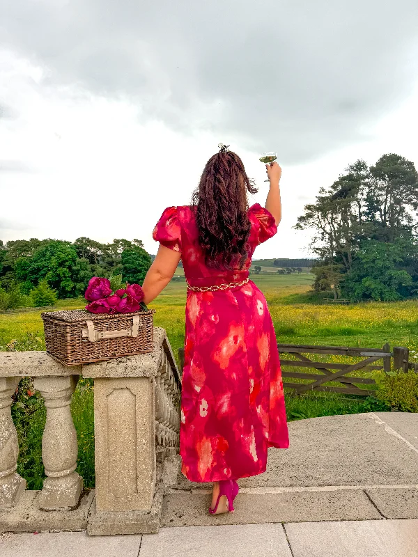 Floral Frenzy - Pink Orange Floral Print Midi Dress