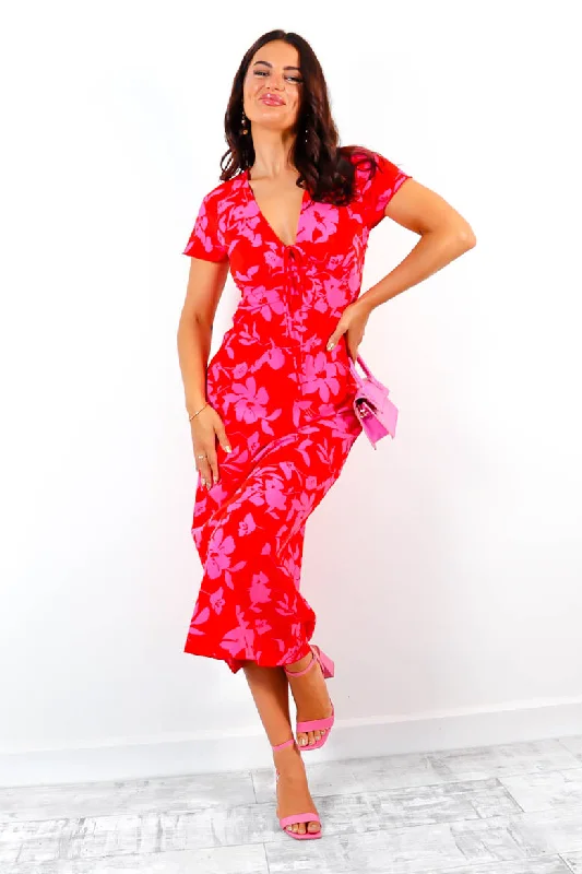 Floral To See - Red Pink Floral Print Midi Dress