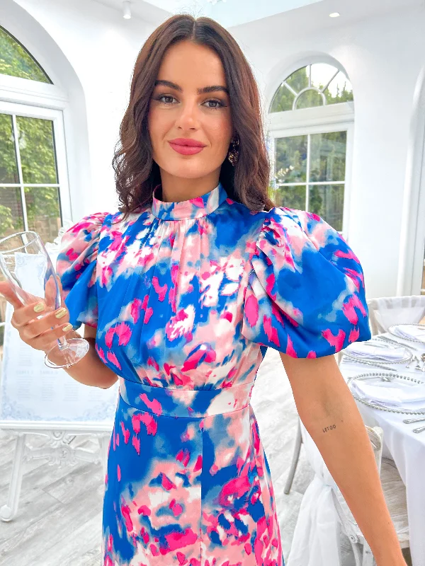 Got The Flower - Blue Pink Abstract Print Midi Dress