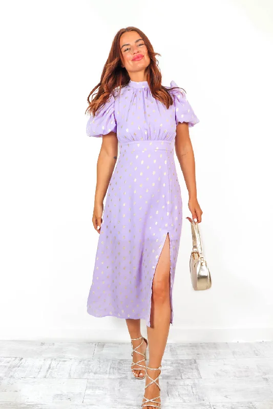 Got The Flower-  Lilac Gold Foil Spot Midi Dress