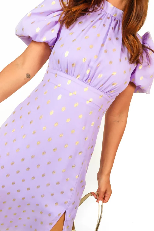 Got The Flower-  Lilac Gold Foil Spot Midi Dress