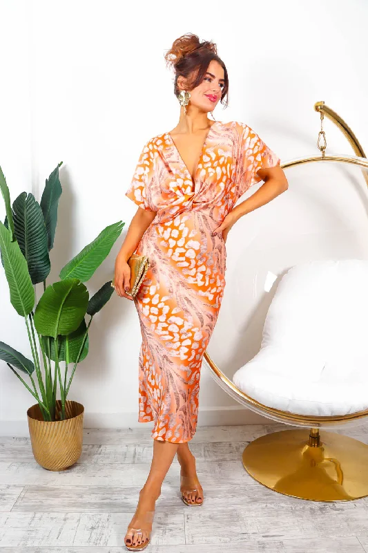 Knot Your Average - Orange Leopard Midi Dress