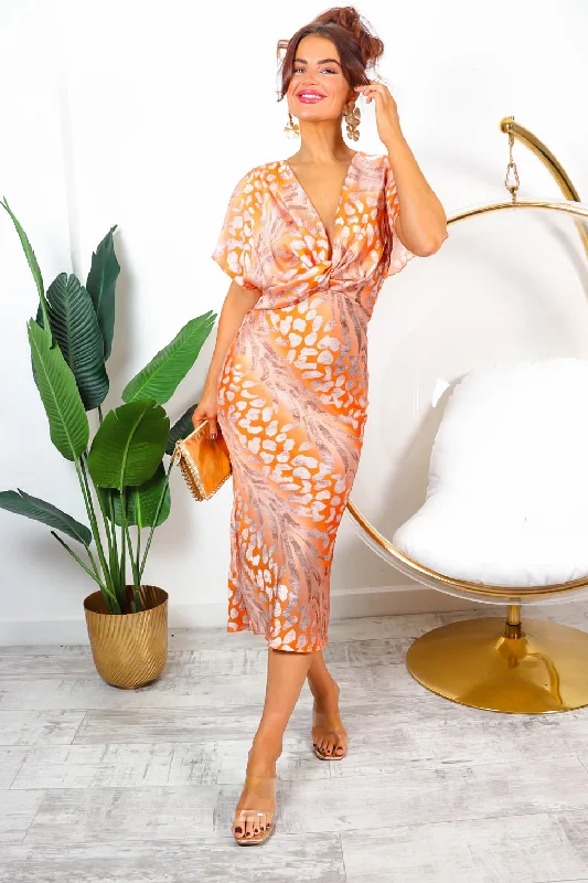 Knot Your Average - Orange Leopard Midi Dress