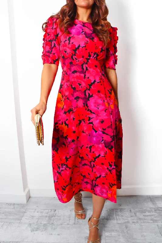 Law of The Jungle - Pink Red Floral Midi Dress