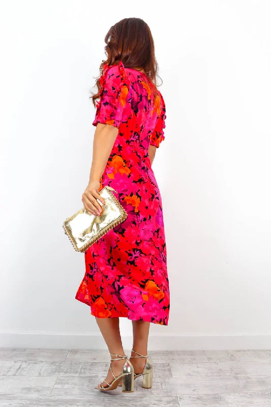 Law of The Jungle - Pink Red Floral Midi Dress