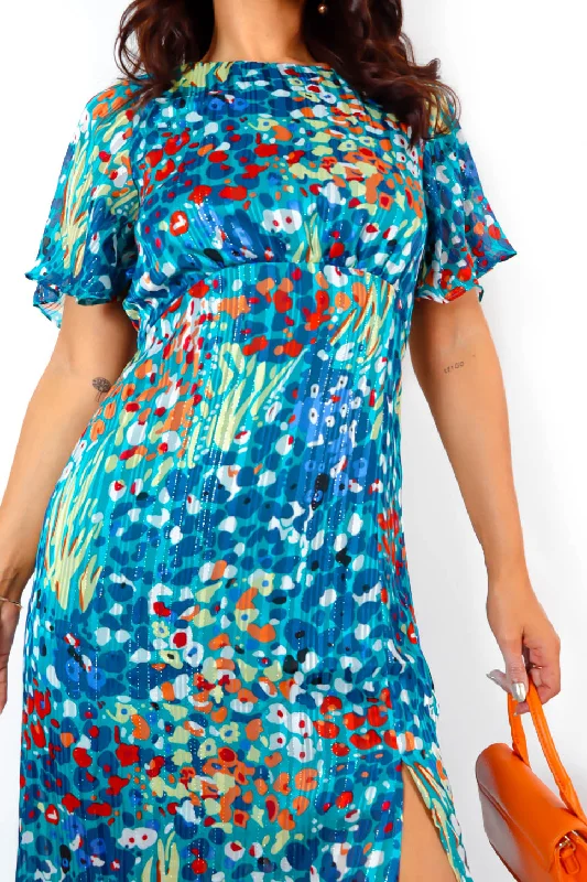 Let's Split - Blue Multi Floral Print Midi Dress