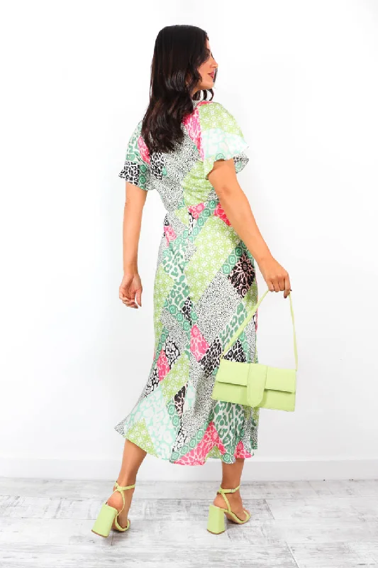 Lets Split - Green Multi Printed Leg Split Midi Dress