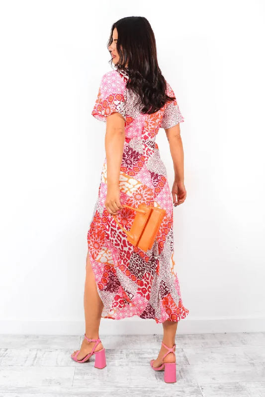 Lets Split - Pink Printed Leg Split Midi Dress