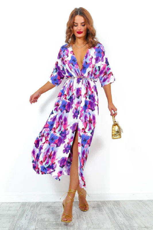 Nothing Bud Love - Blue Purple Floral Midi Dress