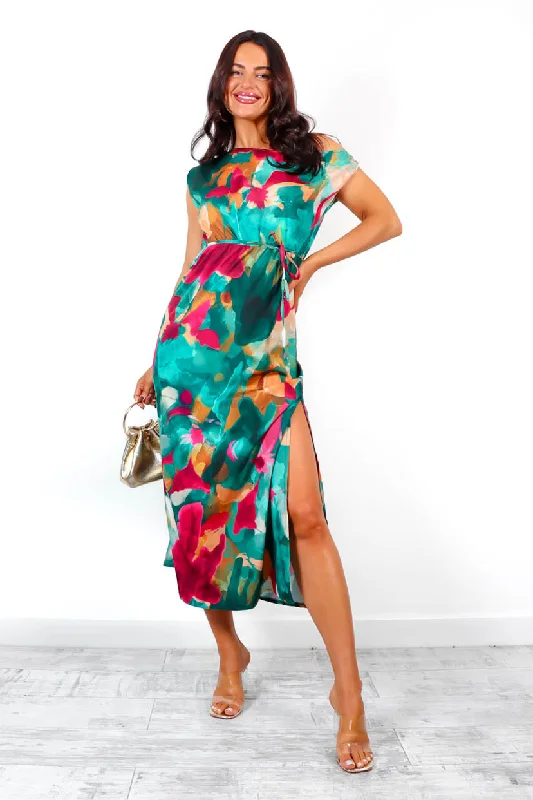 Off You Go - Forest Floral Off Shoulder Midi Dress