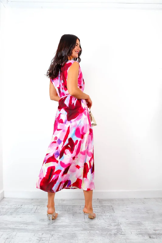 Off You Go - Magenta Floral Off Shoulder Midi Dress