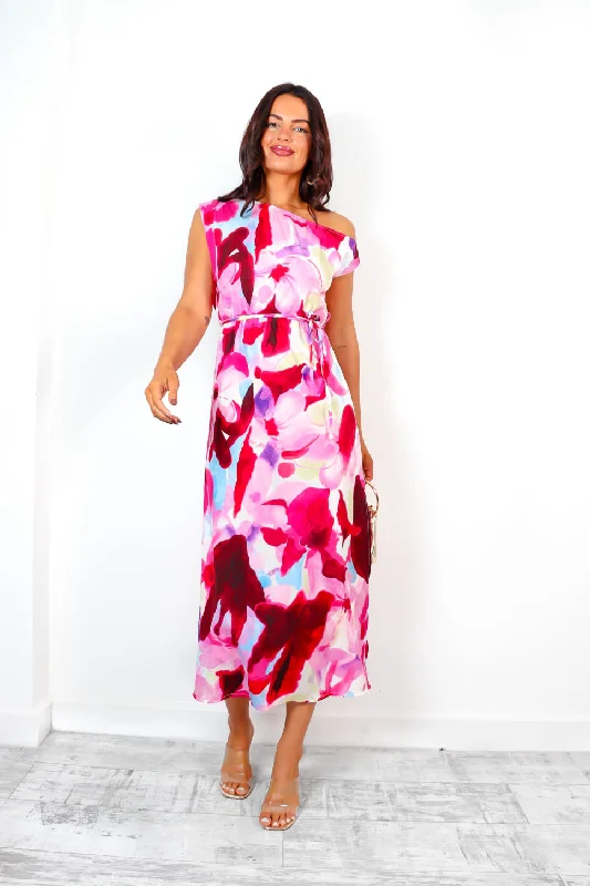 Off You Go - Magenta Floral Off Shoulder Midi Dress