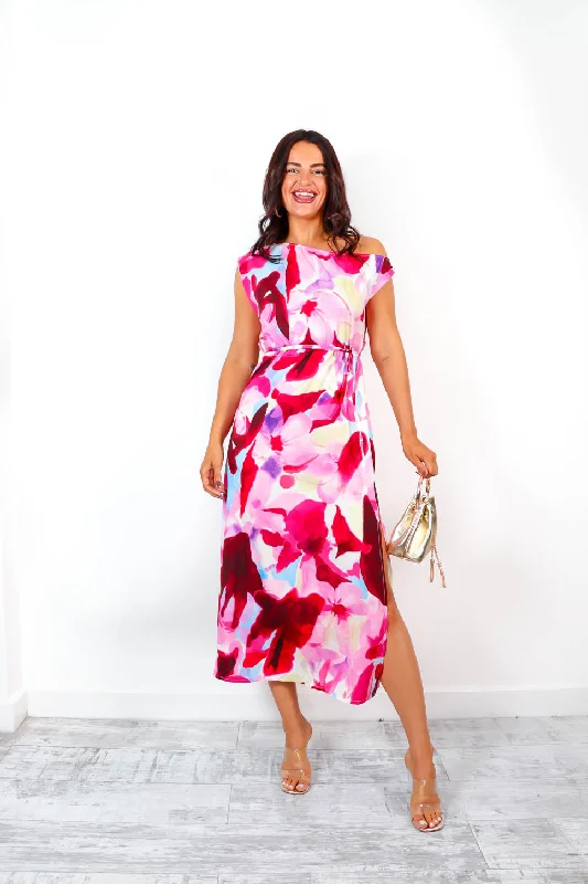 Off You Go - Magenta Floral Off Shoulder Midi Dress