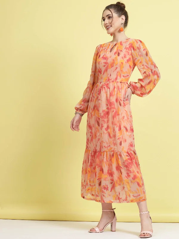 Orange Floral Printed Puff Sleeves Gathered A-Line Midi Dress