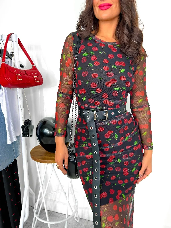 Out Of This World - Black Red Cherry Print Mesh Midi Dress